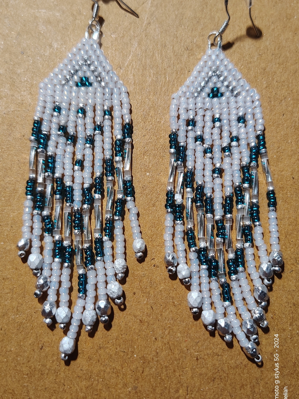 Handmade White and Teal Beaded Fringe Earrings